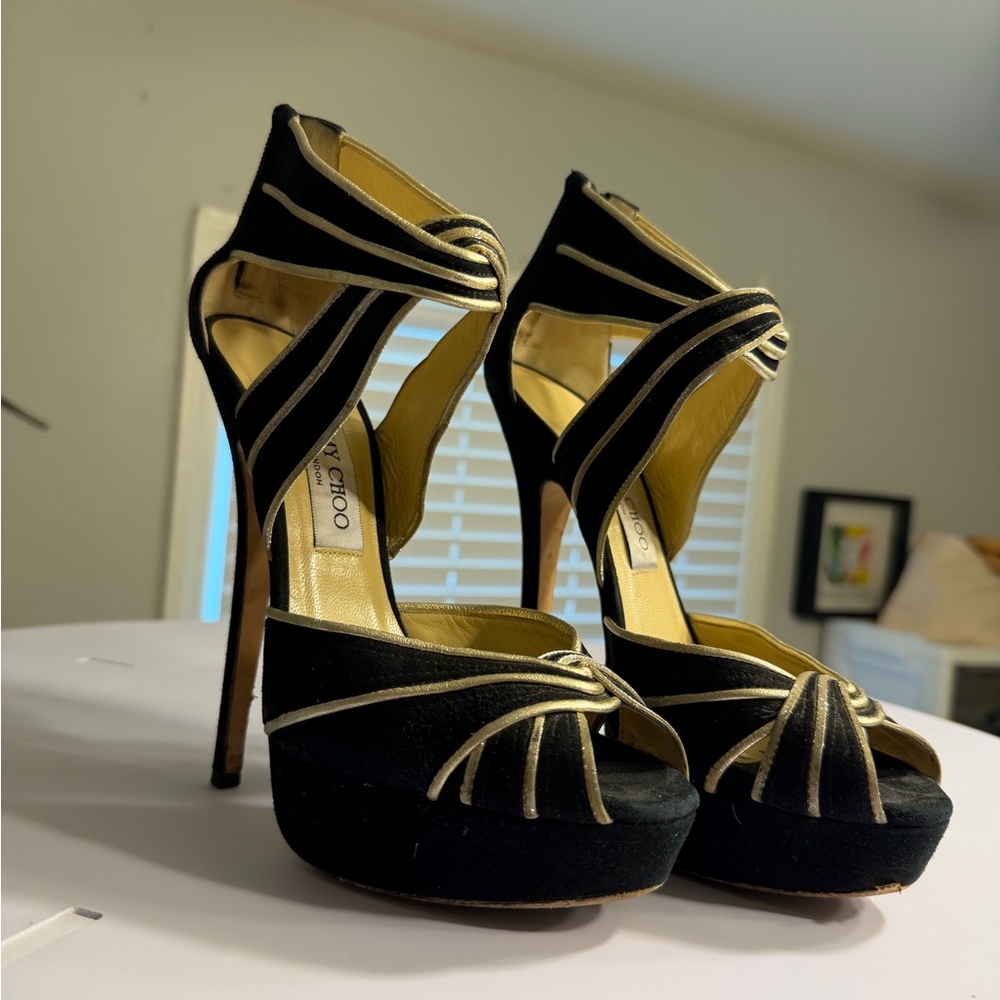 Jimmy Choo Black and Gold Strappy Heels